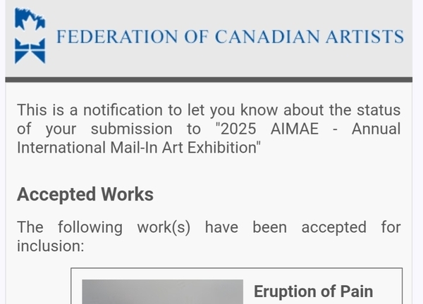 Exhibition acceptance | Avis d'acceptation l'exposition -- 2025 "AIMAE" - Canadian Federation of Artists (FCA)