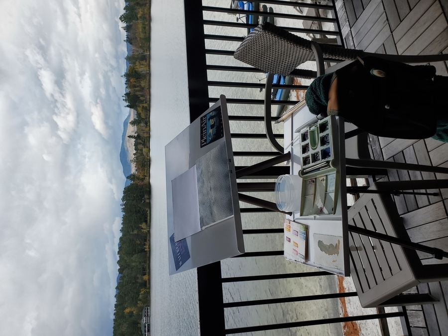 Travel easel on balcony, Lake Placid